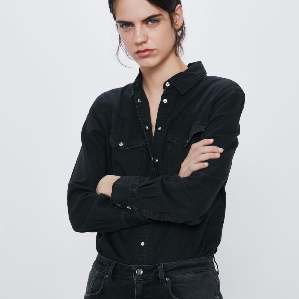 Zara black denim button up shirt